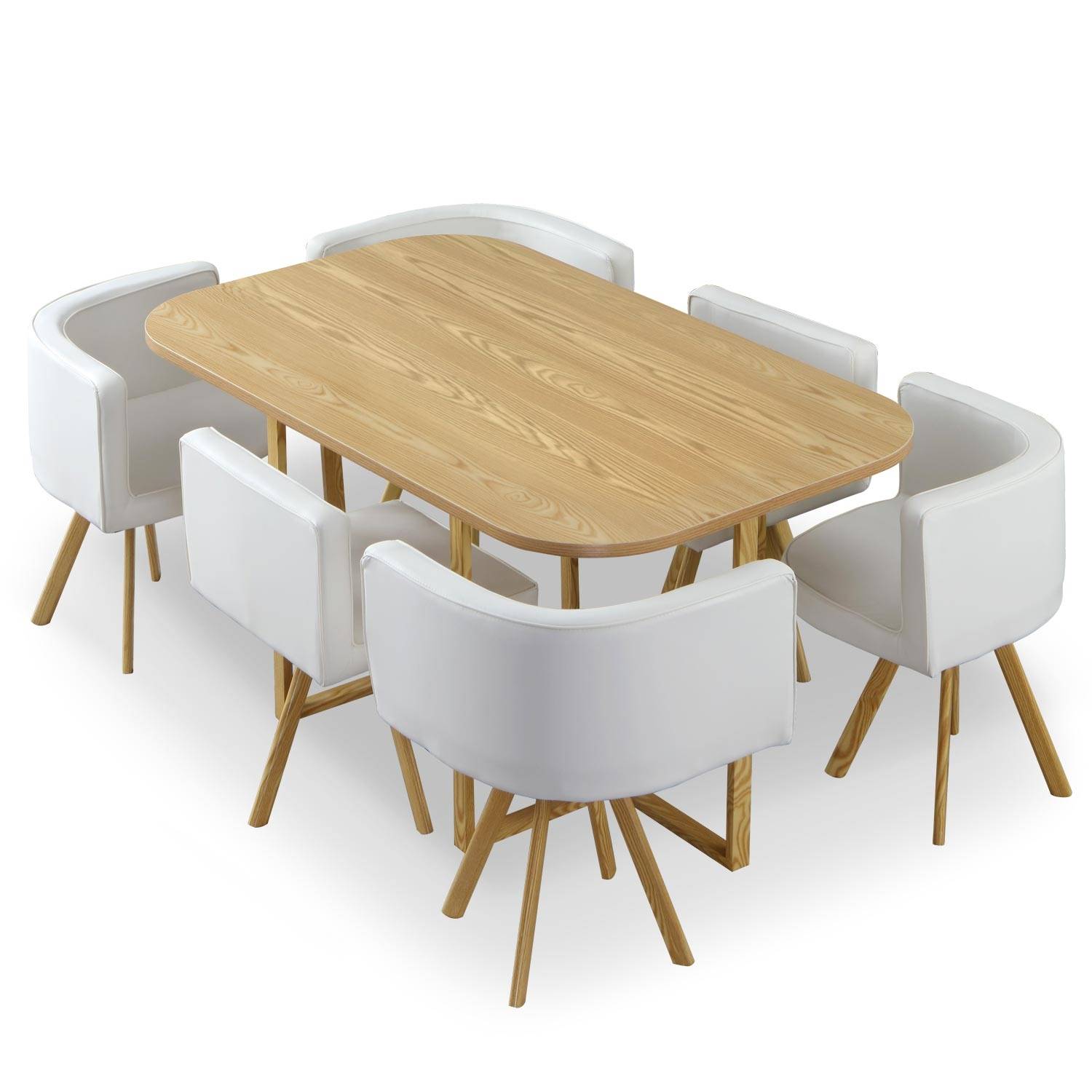 Conjunto nordico de mesa y 6 sillas Oslo XL roble con PU blanco