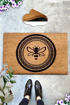 Fußmatte Lagon 40x60cm Kokosfaser Natur Griechisches Muster und Biene Schwarz