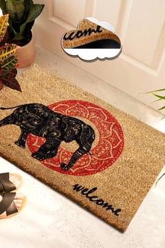 Tappeto Lagoon 40x60cm in fibra di cocco naturale rosso indiano, motivo "Welcome" e elefante nero