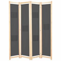Paravent 4 Panels Zomba 160x170cm Massivholz natur und Stoff grau
