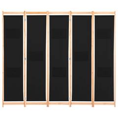 Paravent 5 Panels Zomba 200x170cm Massivholz Natur und Stoff Schwarz