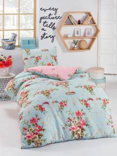 Set di biancheria da letto Antoinette 140x200cm con 1 federa 50x70cm Tessuto Motivo floreale verde menta e rosa