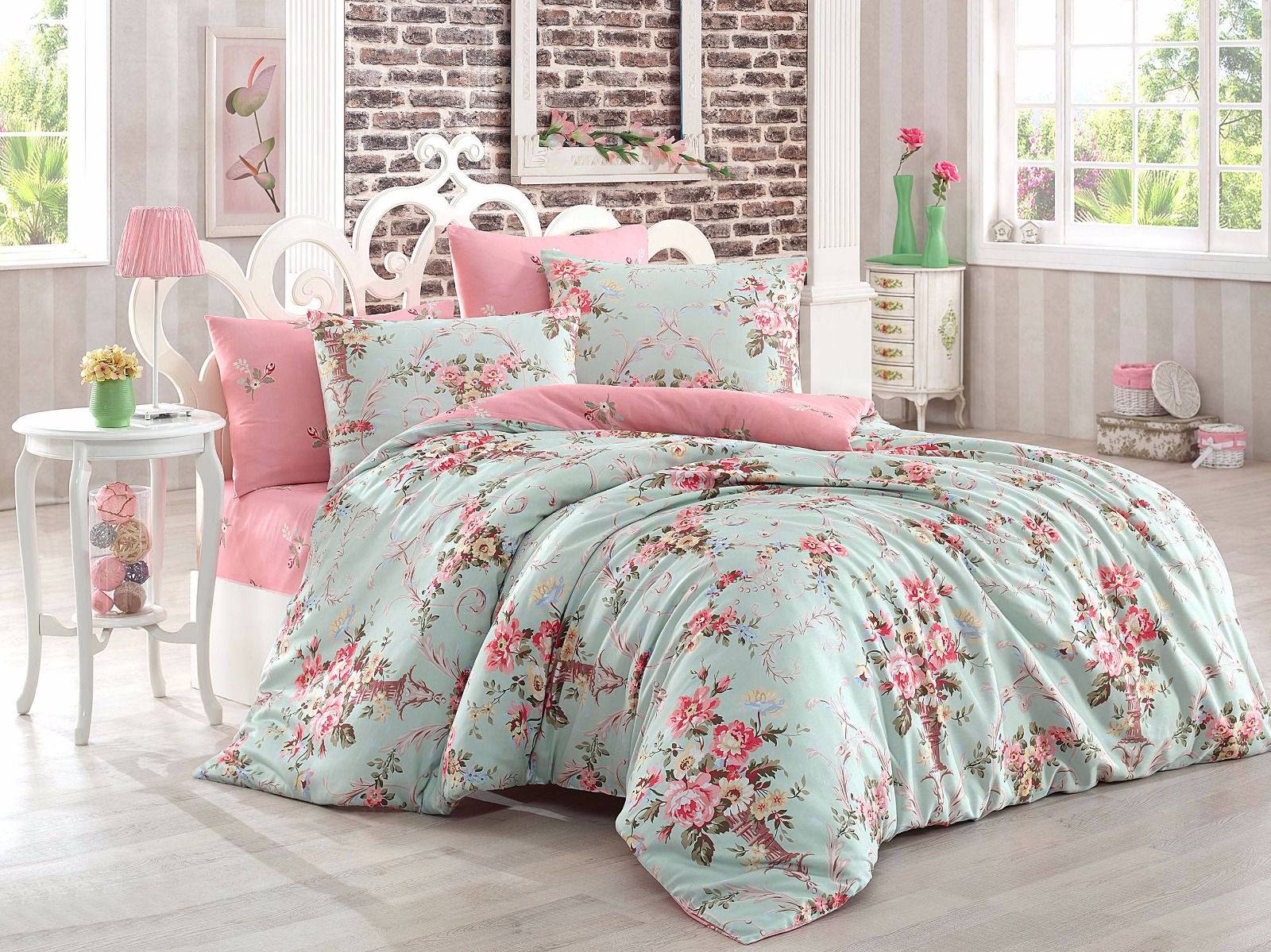 Juego de cama Antoinette 200x220cm con sábana plana 220x240cm y 2 fundas de almohada 50x70cm Tela Motivo floral verde menta y rosa