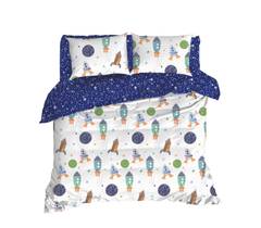 Juego de 4 piezas de ropa de cama doble con estampado de cohetes espaciales Noctis Algodón Reforzado Azul Marino Blanco Verde Gris
