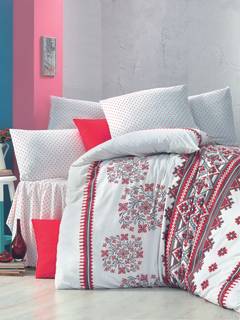 Parure de lit double 4 pièces Noctis Tissu Motif Boules florales Rouge et Blanc