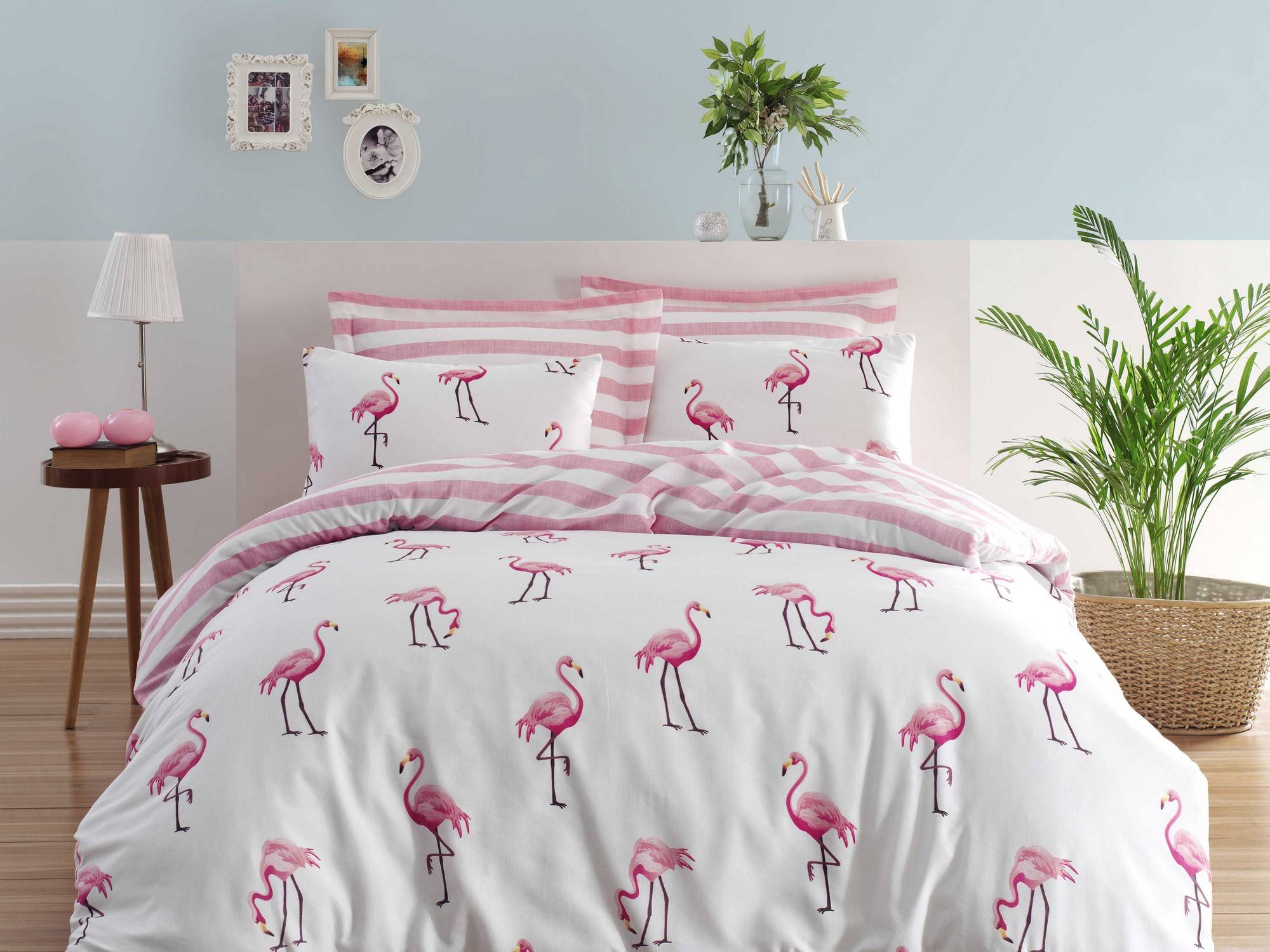 Set 4 Stück Doppelbettgarnitur Noctis Flamingos Baumwolle Polyester Weiß Rosa