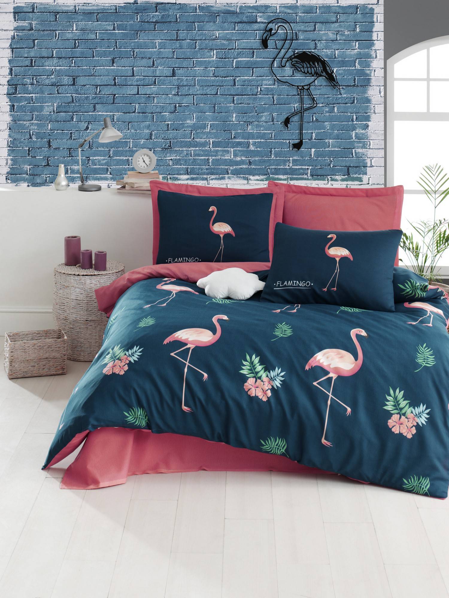 Set 4 Stück Doppelbettgarnitur Noctis große Flamingos Baumwolle Polyester Marineblau Rosa Grün