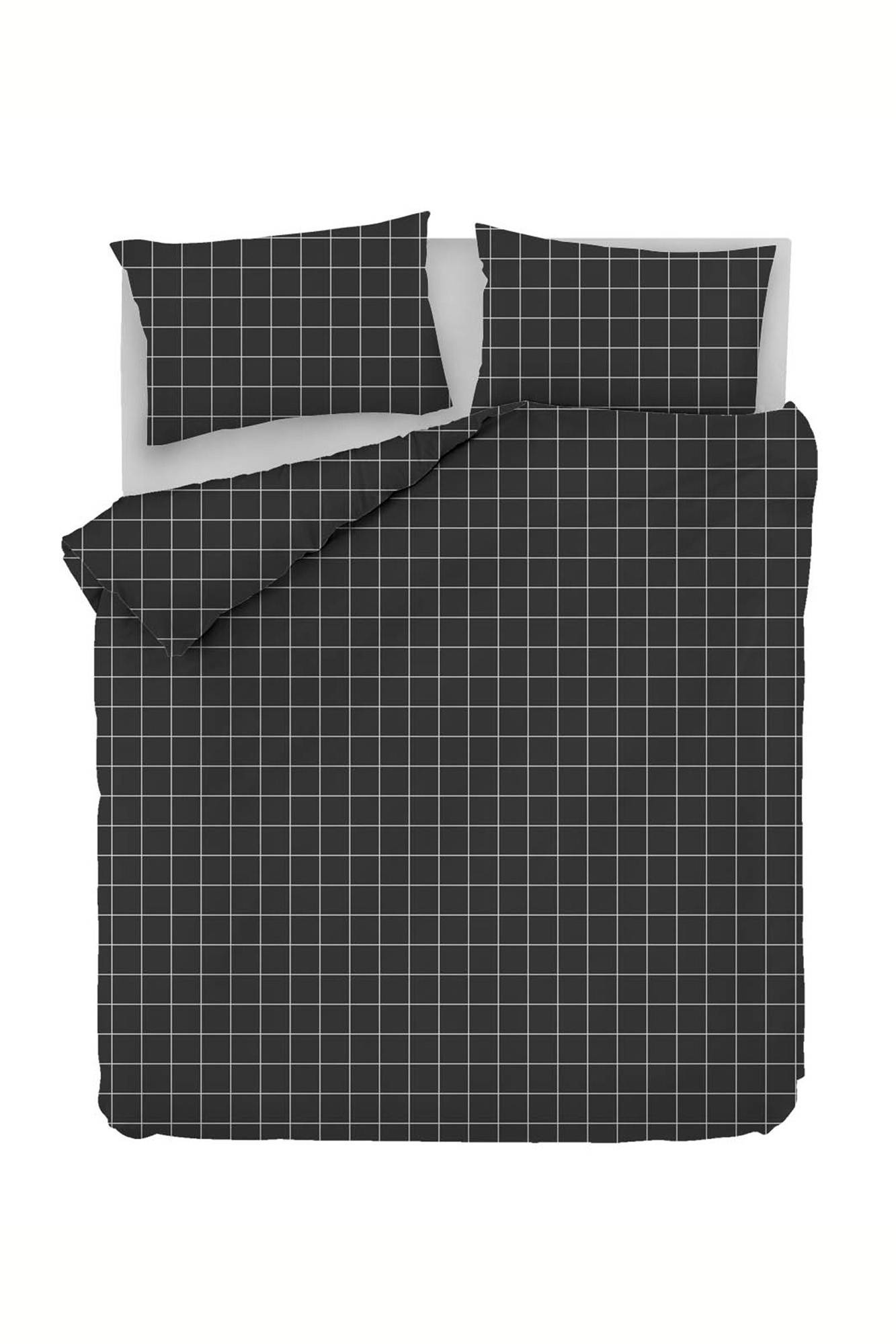 4-teiliges Set Doppelbettwäsche Noctis mit großem Karomuster aus verstärkter Baumwolle Schwarz Grau