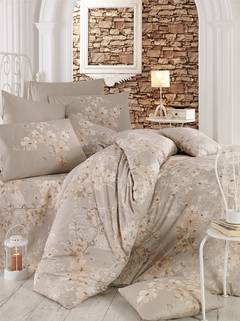 Juego de cama Eleana 160x220cm con sábana plana 160x240cm y funda de almohada 50x70cm Diseño floral Taupe