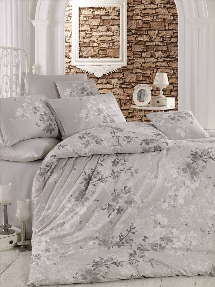 Juego de cama Eleana 160x220cm con sábana plana 160x240cm y funda de almohada 50x70cm Diseño de flores Gris