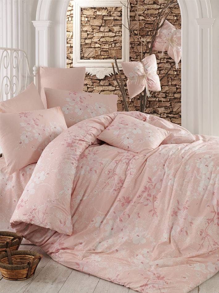 Set 4 pièces parure de lit double Noctis imprimé fleurs épanouies Coton Renforcé Rose Blanc Framboise