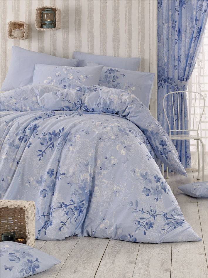Set 4 pièces parure de lit double Noctis imprimé fleurs épanouies Coton Renforcé Bleu pervenche Blanc Bleu foncé
