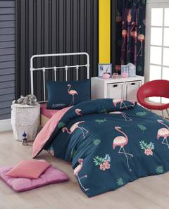 Juego de cama individual de 3 piezas Noctis con estampado de flamencos rosas grandes Algodón Poliéster Azul Marino Rosa Verde