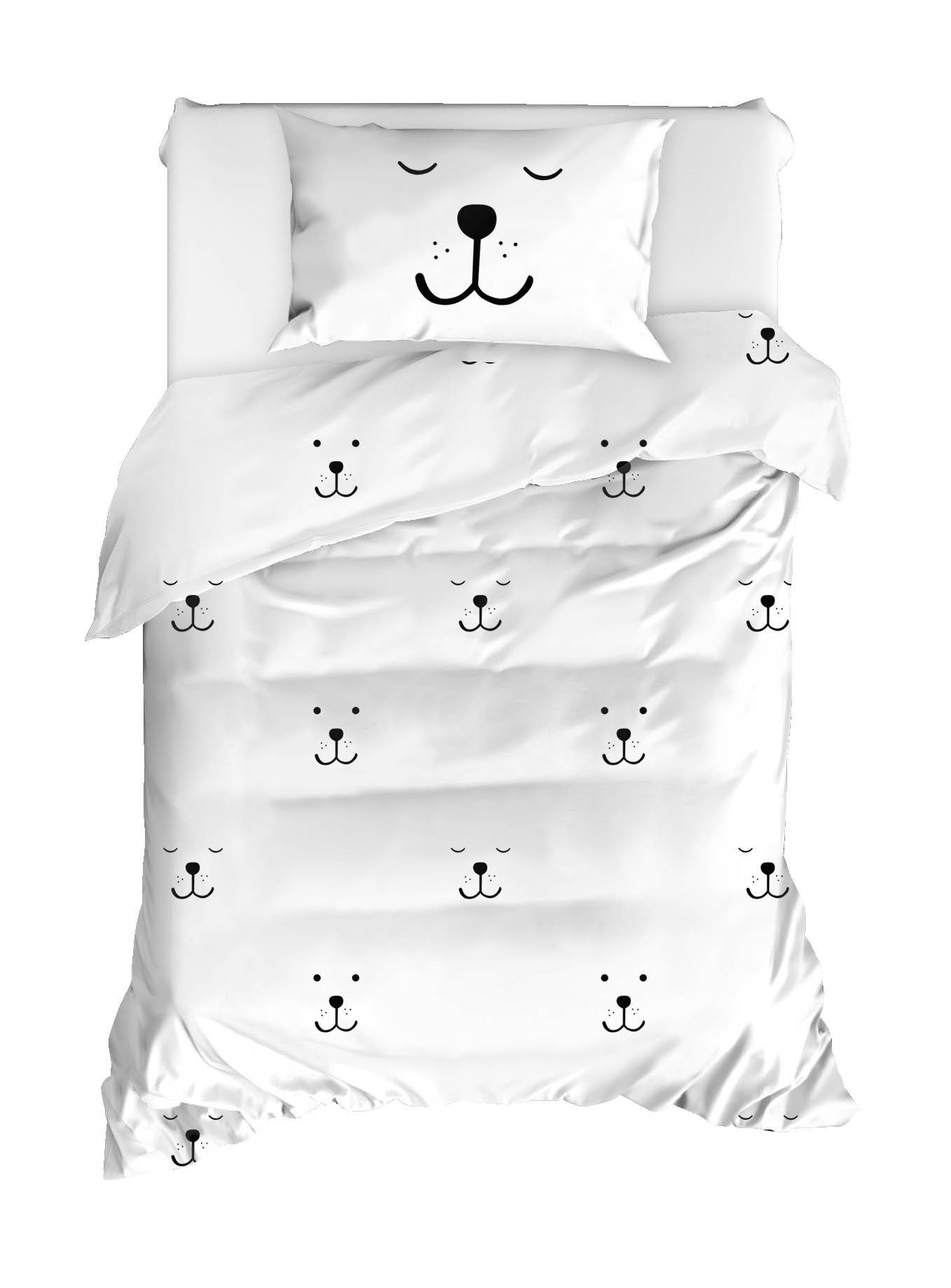 3-teiliges Set Einzelbettwäsche Noctis mit Bärengesicht aus verstärkter Baumwolle Weiß Schwarz