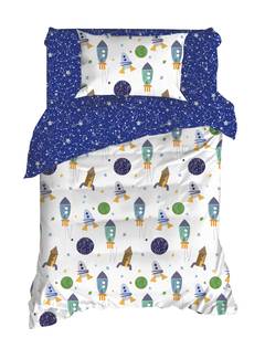 Noctis Juego de cama de 3 piezas con cohetes espaciales Algodón reforzado Azul Marino Blanco Verde Gris