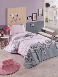 Set di biancheria da letto singolo Noctis 3 pezzi con sagome di fiori a righe Cotone Poliestere Crema Rosa cipria Grigio