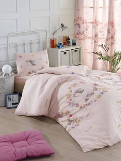 Parure de lit simple 3 pièces Noctis Tissu Motif Licorne et fleurs Rose