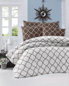 Juego de cama doble Pania 100 Cotton de 4 piezas con estampado geométrico arabesco marrón y blanco