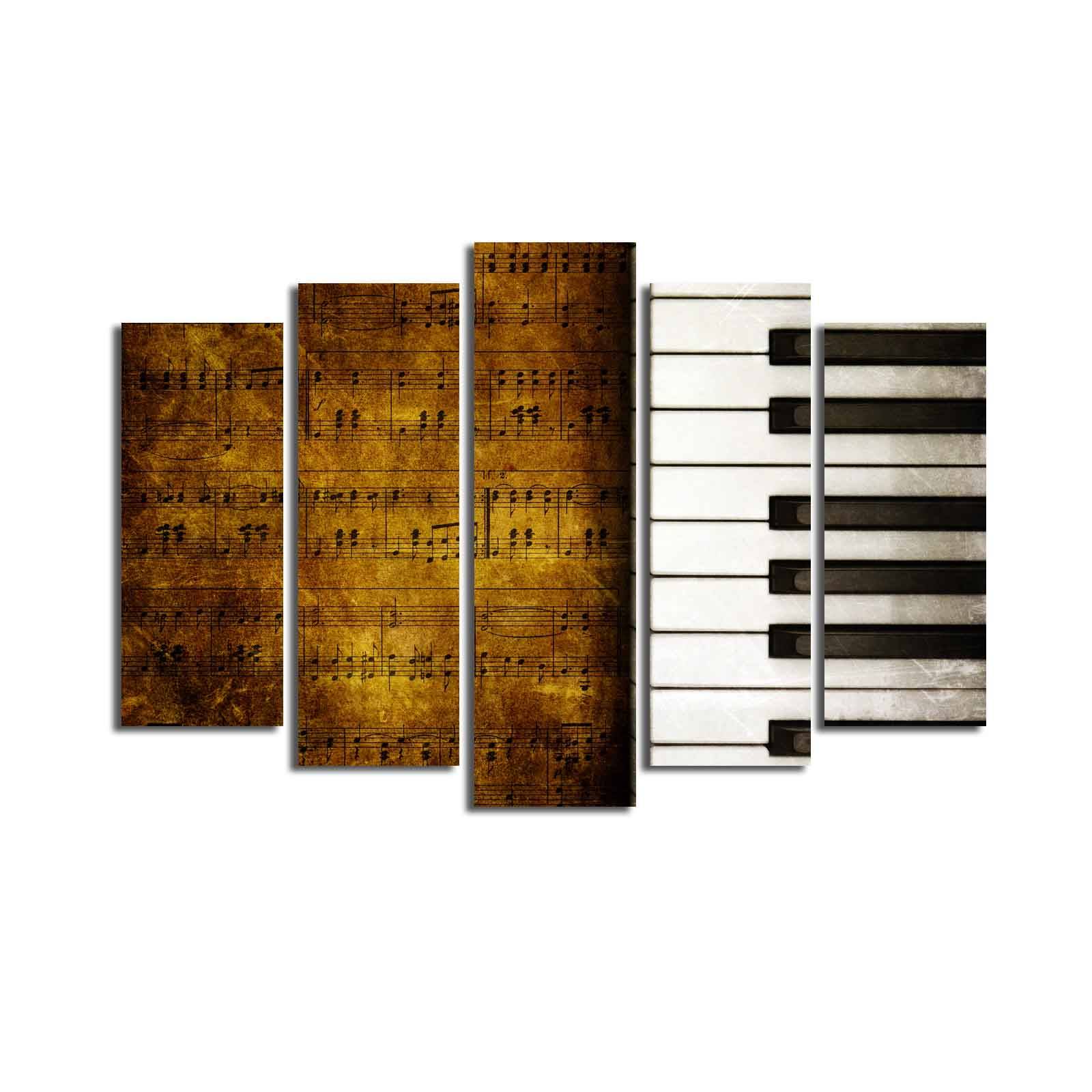 Pentaptyque Atos L105xH70cm Motif Piano Noir, Blanc et Bois