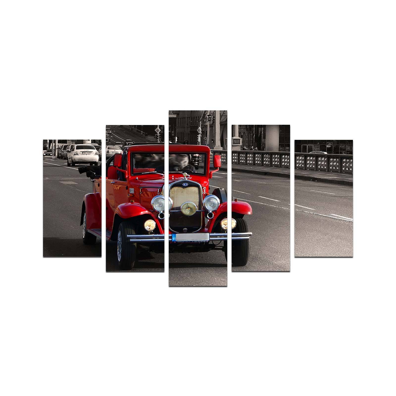 Pentaptyque Atos L110xH60cm Motif voiture Cabriolet ancienne Rouge et Gris