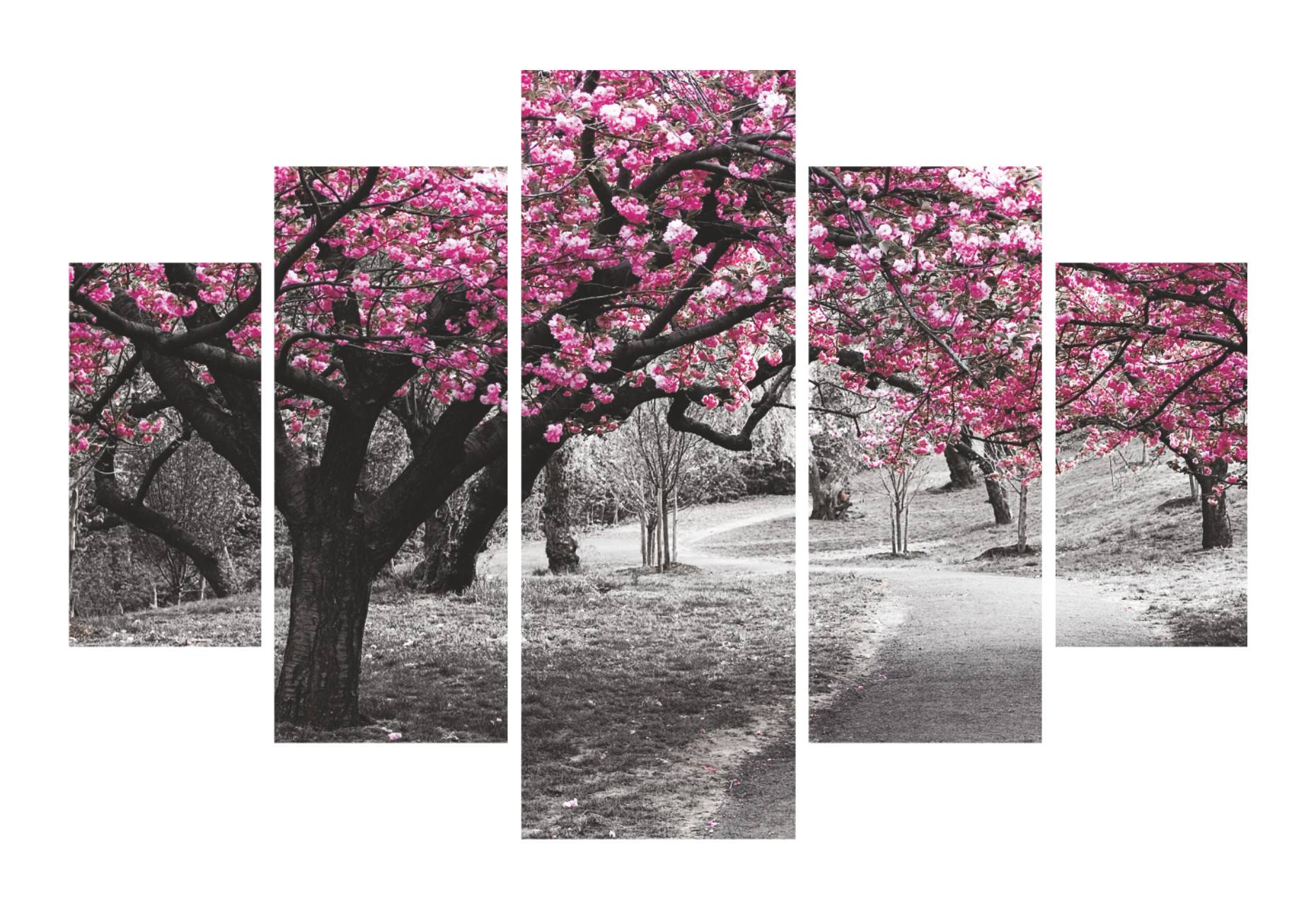 Pentaptyque Atos L92xH56cm Motif Parc urbain, arbre fleuri Violet et Rose