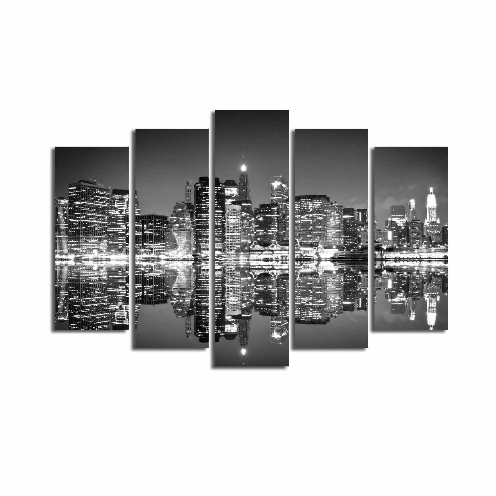 Pentaptyque tableau Atos Motif Manhattan en nuit Noir et Blanc