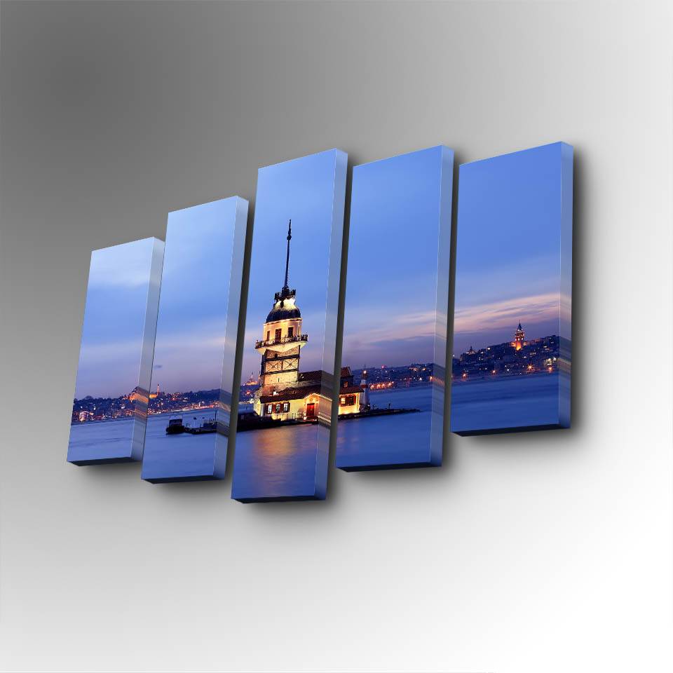 Pentaptyque Atos Motiv Nachtlandschaft, Istanbul Beige und Hellblau