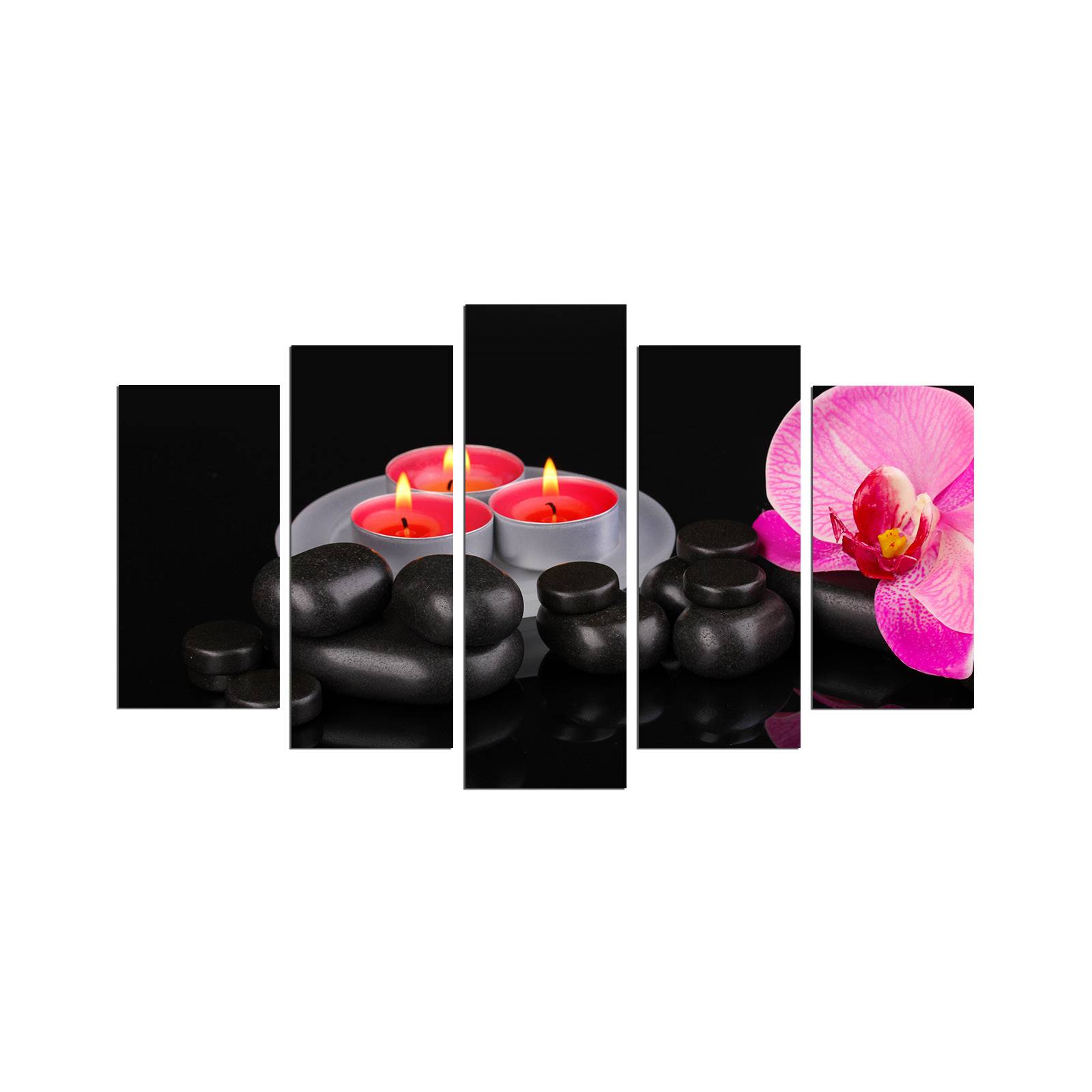 Pentaptych schilderij spa zwarte kiezels roze orchidee en rode kaarsen Atos MDF Multicolore