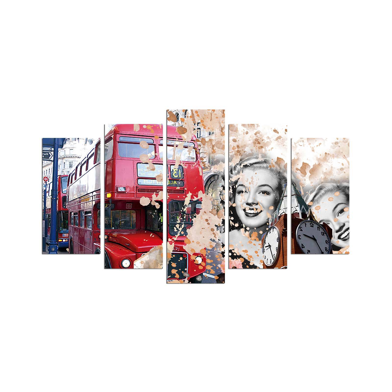 Grex London Bus und Marilyne Monroe Rot und Beige Pentaptychon