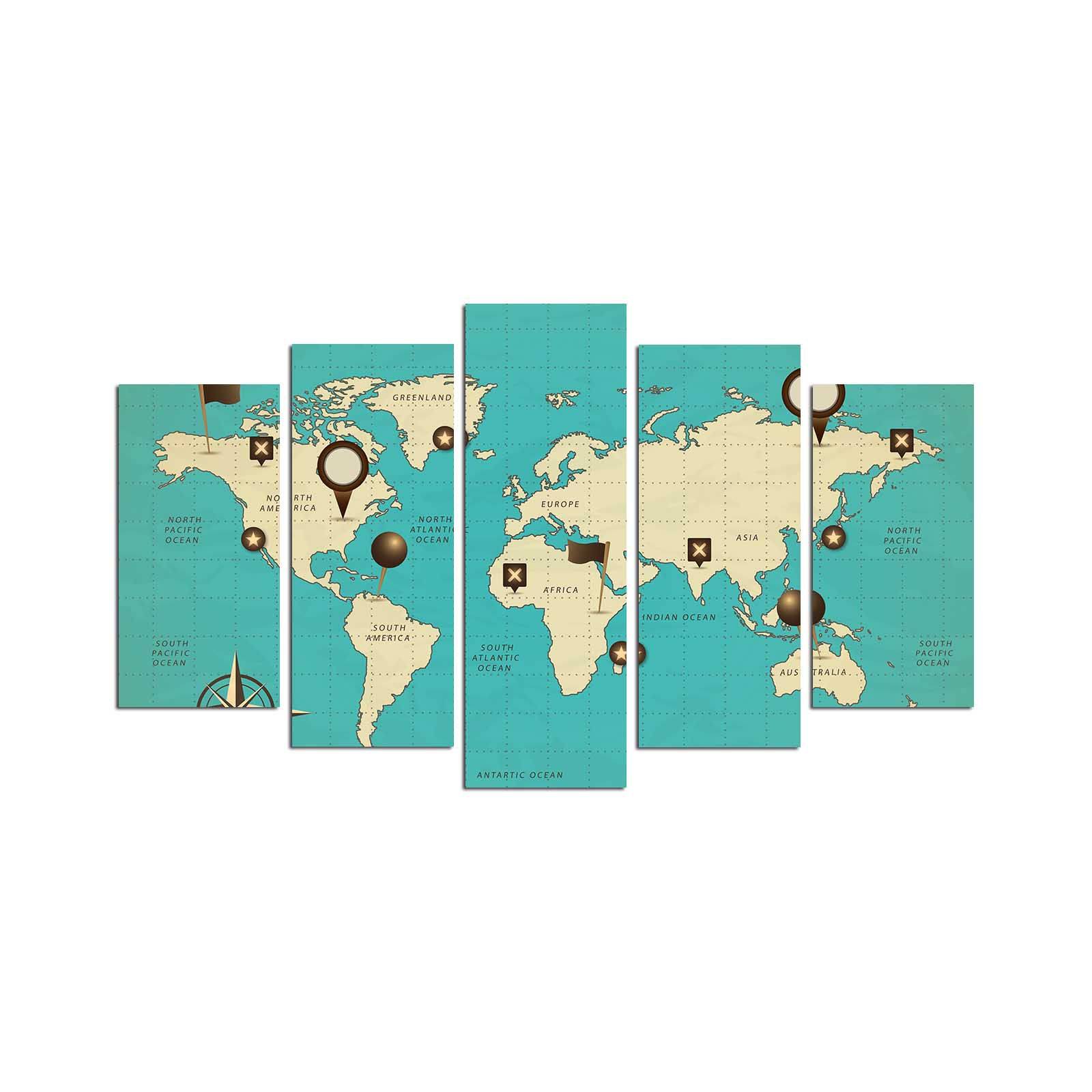 Pentaptych schilderij Grex wereldkaart geolocatie MDF Multicolour