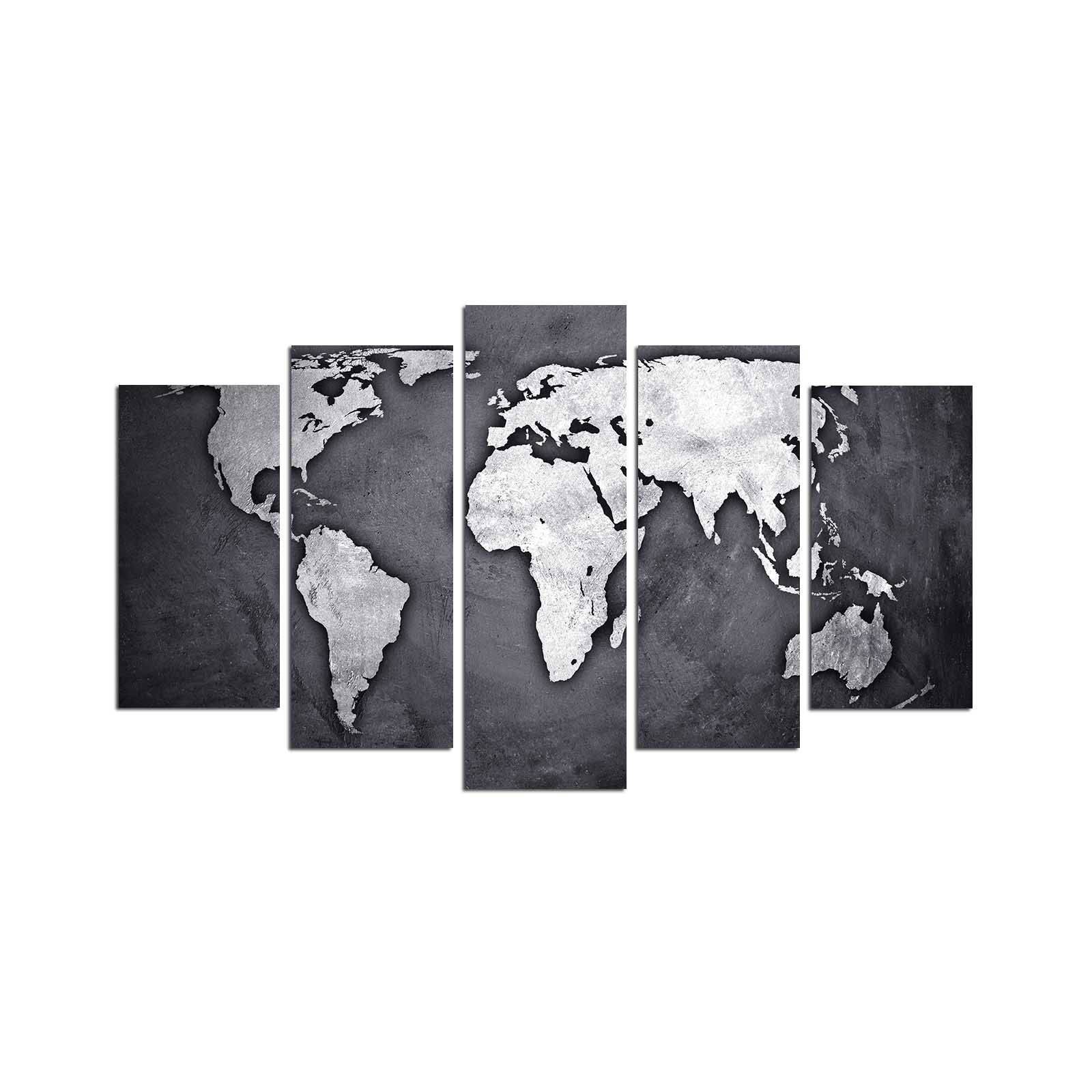 Pentaptych schilderij Grex wereldkaart MDF Shades of Grey