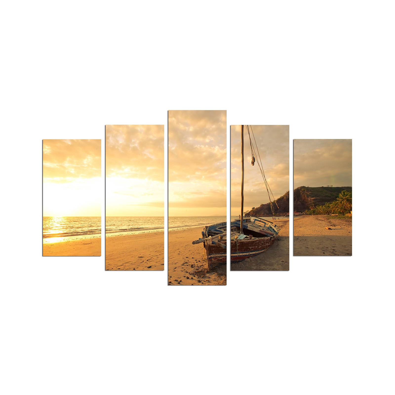 Pentaptyque Grex Motif Paysage, bateau sur la plage et crépuscule