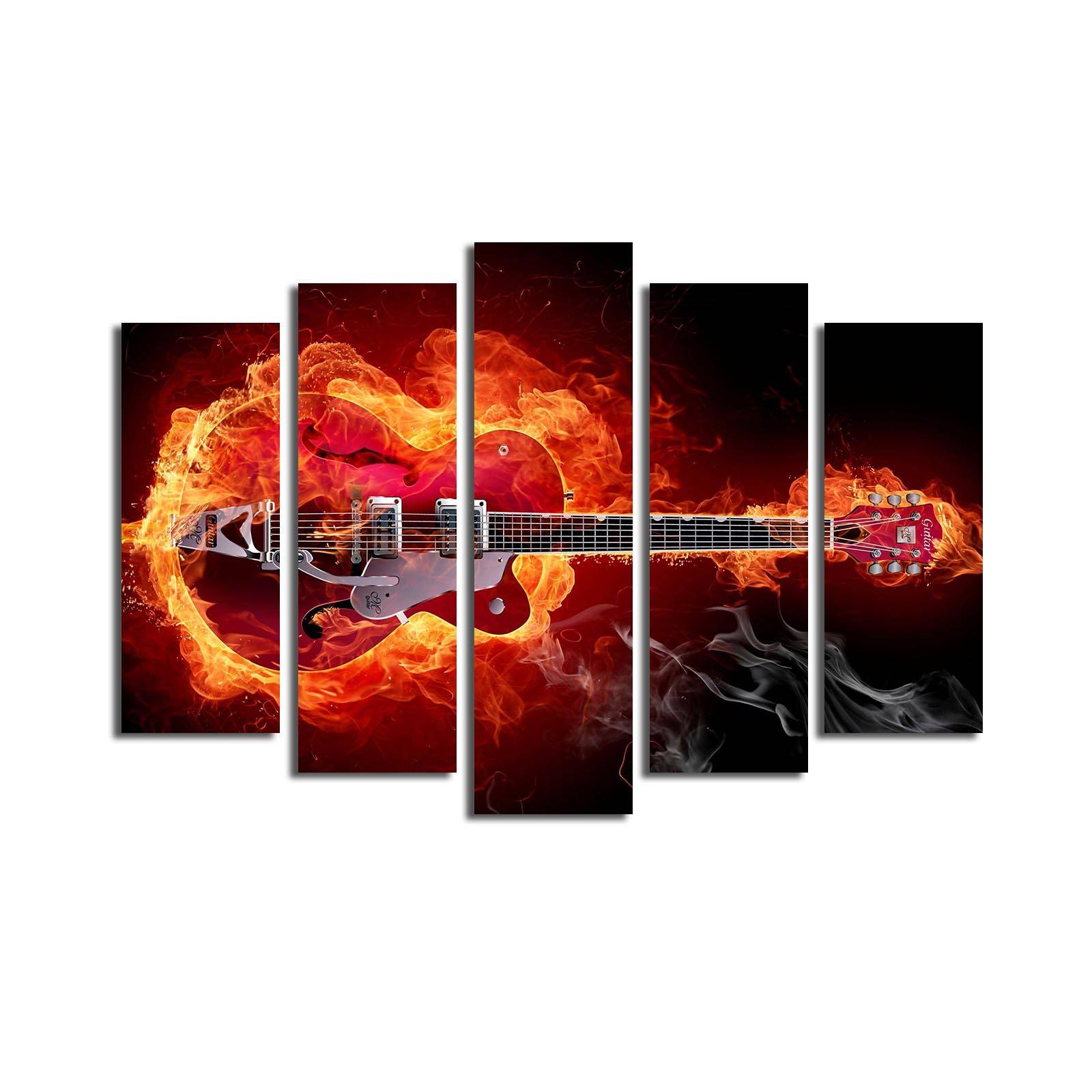 Cuadro pentáptico Guitarra en Lienzo de Gamuza de Fuego Multicolor