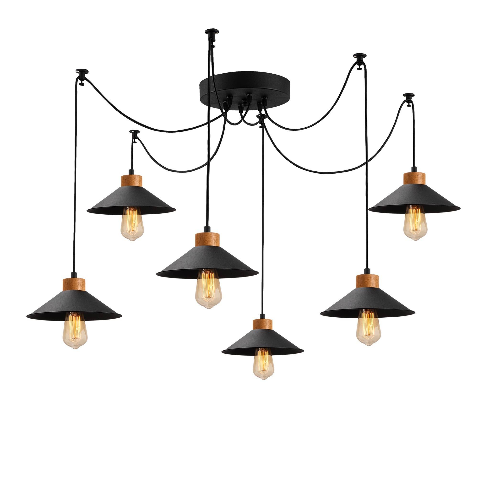 6-lamps spin plafondlamp Prismol Natuurlijk hout en zwart metaal