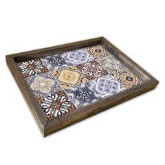 Piano del tavolo rettangolare Caupona 30x40cm Pino massiccio scuro e motivo a mosaico arabescato