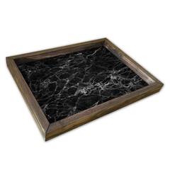 Piano del tavolo Caupona 30x40cm Pino massiccio scuro e motivo effetto marmo nero