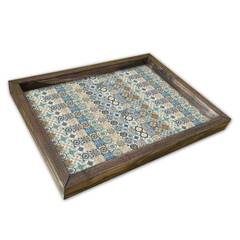 Piano del tavolo rettangolare Caupona 30x40cm Pino massiccio scuro e tessere del mosaico arabescato Small