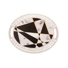 Bandeja ovalada con motivo geométrico negro y efecto mármol blanco 35x44cm
