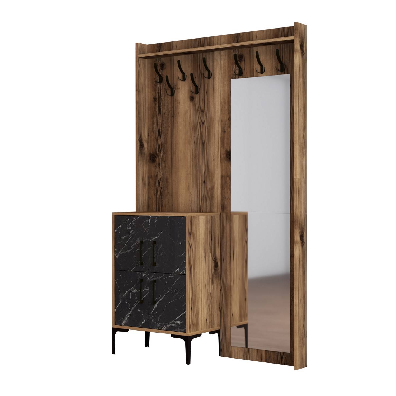 Shera 4-türige Garderobe und Spiegel 120 x 200 cm Naturholz und schwarzer Marmoreffekt