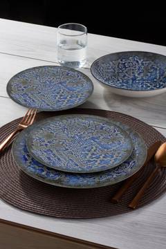 Servizio da tavola 18 pezzi Alvara 100% Porcellana Antico motivo Borduria Blu e Grigio