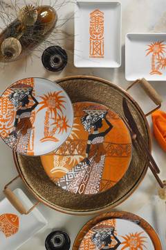 Servicio de mesa 18 piezas Awi 100% Porcelana Motivo Africano Blanco, Marrón y Naranja