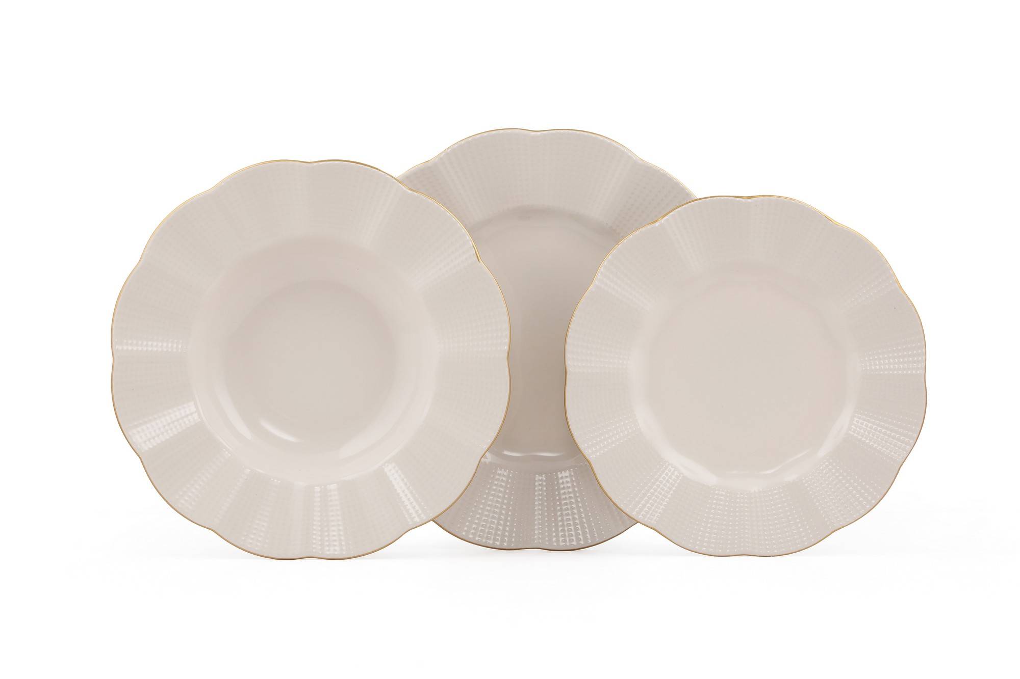 Service de table 18 pièces Campari Porcelaine fond Blanc et bordure pliée avec écaille lisère Or