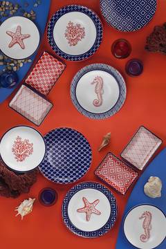 Servicio de mesa 18 piezas Melkart 100% Porcelana Motivo de loza y animales marinos Blanco, Azul y Naranja