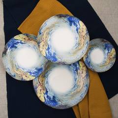 Alvara Tafelservice, 24-teilig, 100 % Porzellan, blaues, gelbes und weißes abstraktes Design