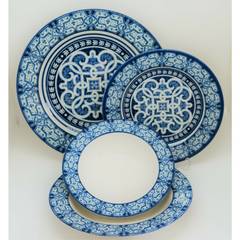 Tafelservice 24 Teile Audah 100% Porzellan Blau und Weiß Orientalisches Muster