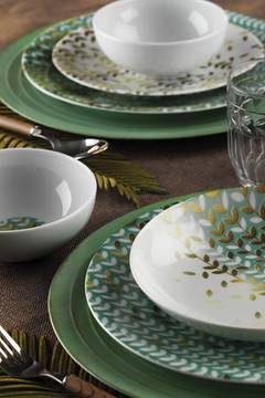 Service de table 24 pièces Murrina 100% Porcelaine Motif Petites feuilles Or, Blanc et Vert