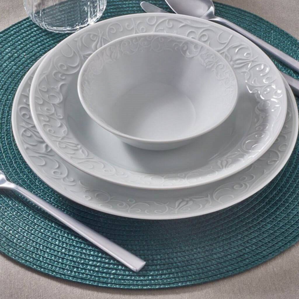 Service de table 24 pièces fabre porcelaine blanc motif géométrique floral  bleu et vert - Conforama