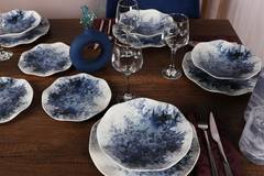 24-teiliges Tafelservice Vada 100 % Porzellan Pflanzenmuster Blau und Weiß