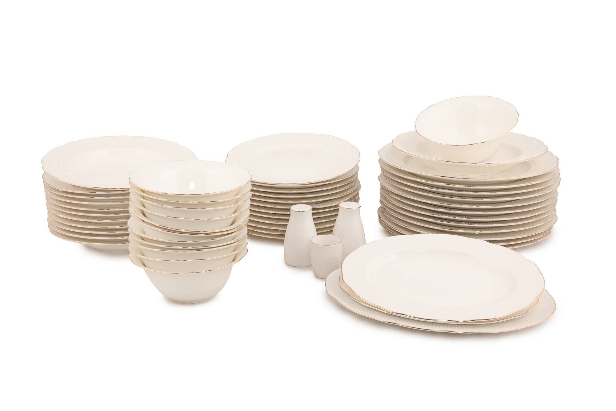 Service de table 69 pièces Antioco Porcelaine Blanc liseré Argent