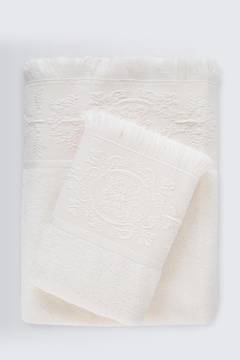 Asciugamano ricamo medaglione frange Adire 70 x 140 cm 100% cotone Ecru